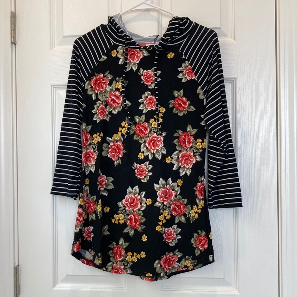 Floral, Three Quarter Length Striped Sleeve, Hooded Shirt